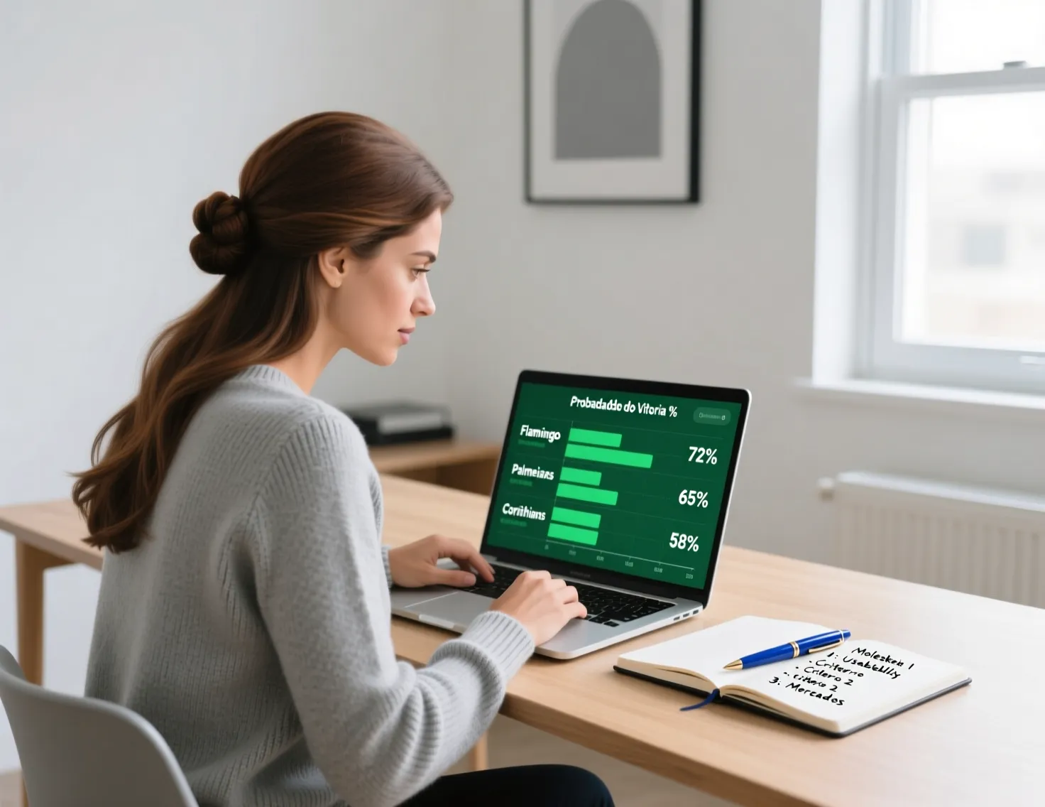 Mulher profissional analisando estatísticas de apostas esportivas em laptop com gráficos