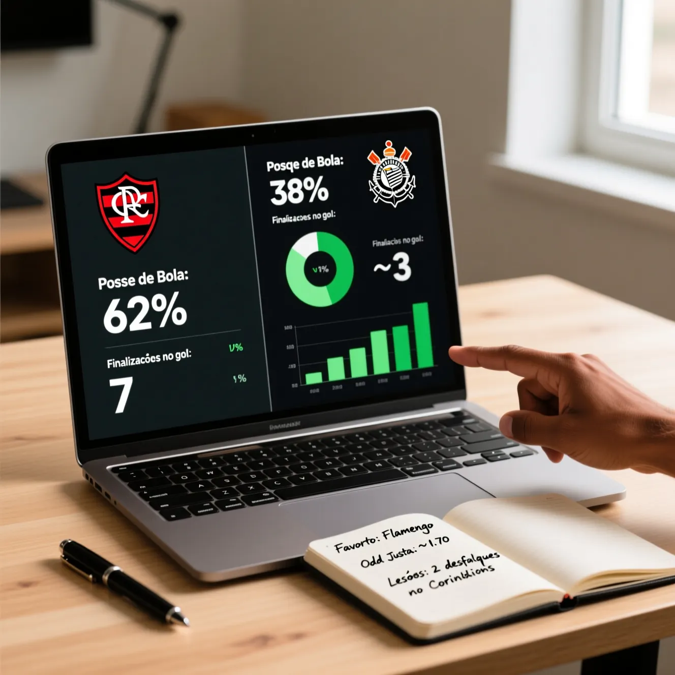 Laptop com estatísticas esportivas e caderno de anotações para análise pré-jogo