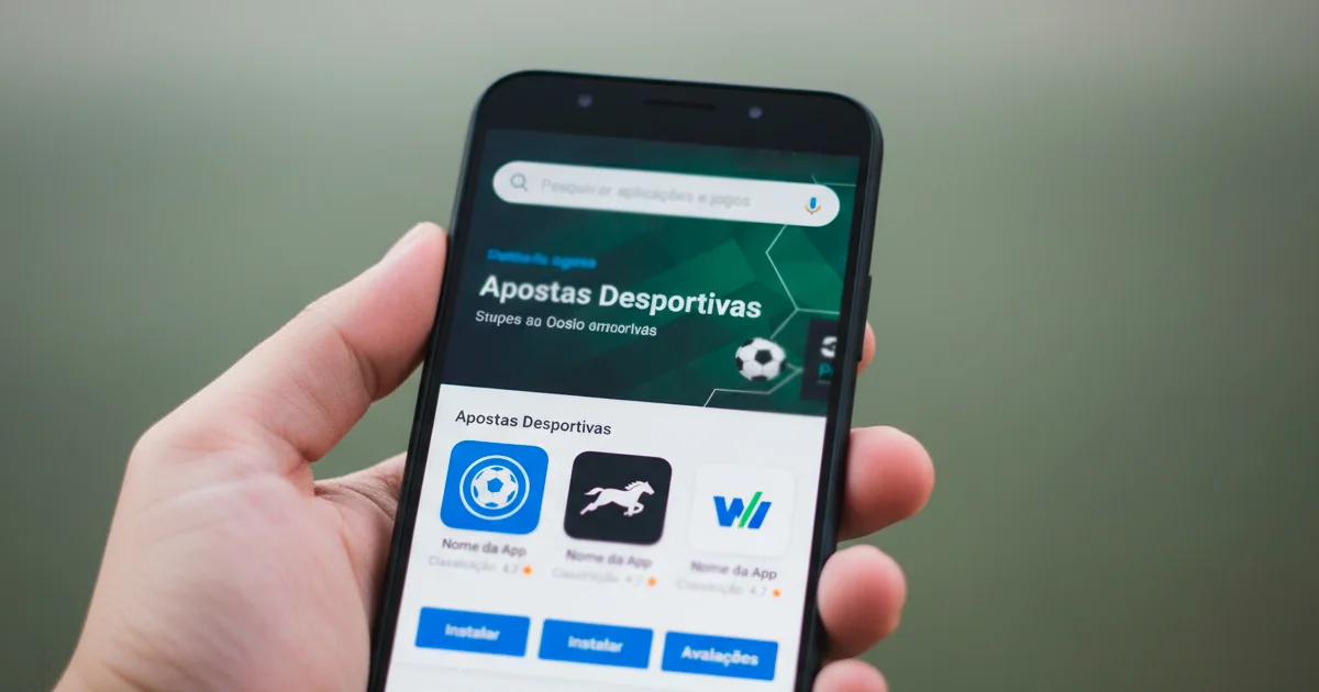 Mão segurando smartphone Android com tela da Play Store exibindo apps de apostas