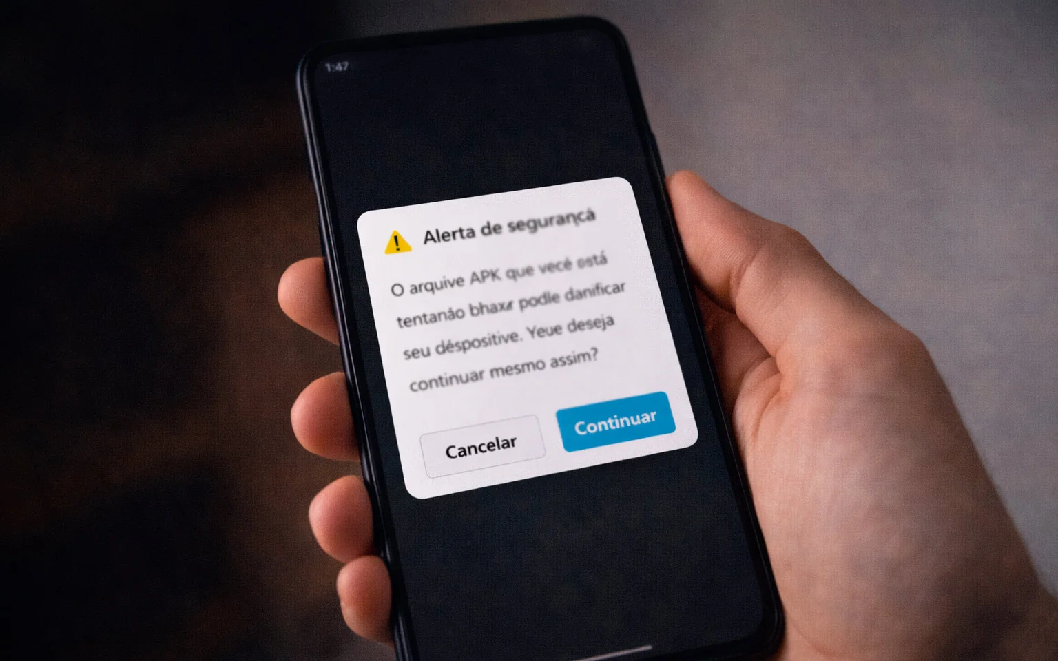Smartphone Android exibindo aviso de segurança ao baixar arquivo APK