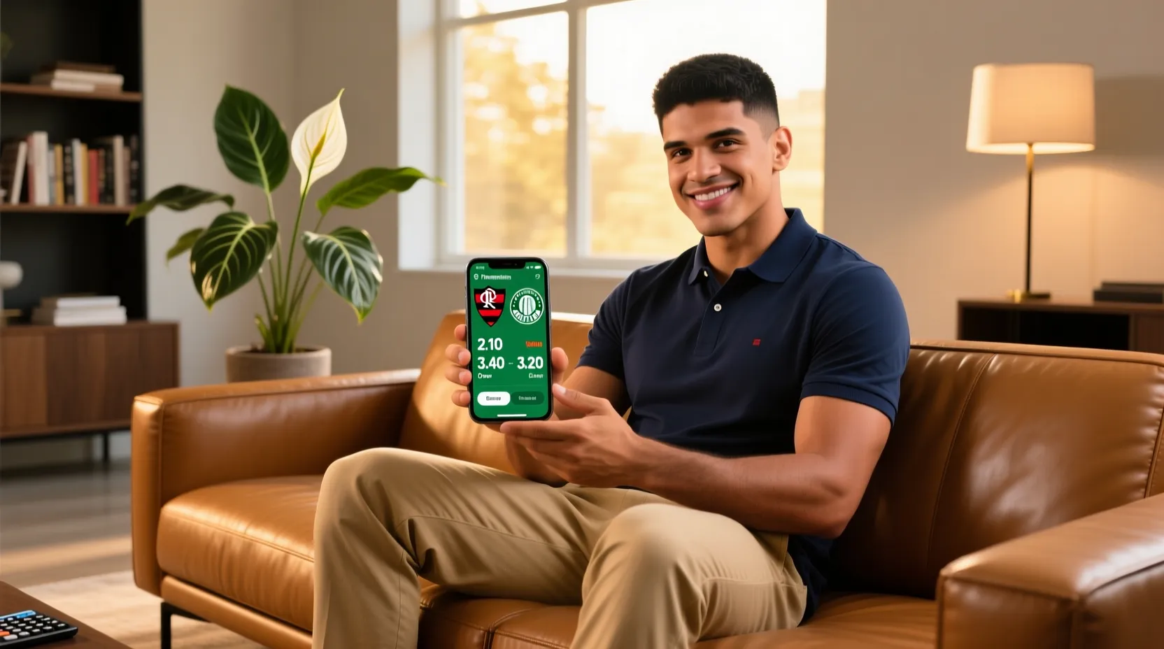 Homem brasileiro usando aplicativo de apostas esportivas no smartphone em ambiente moderno