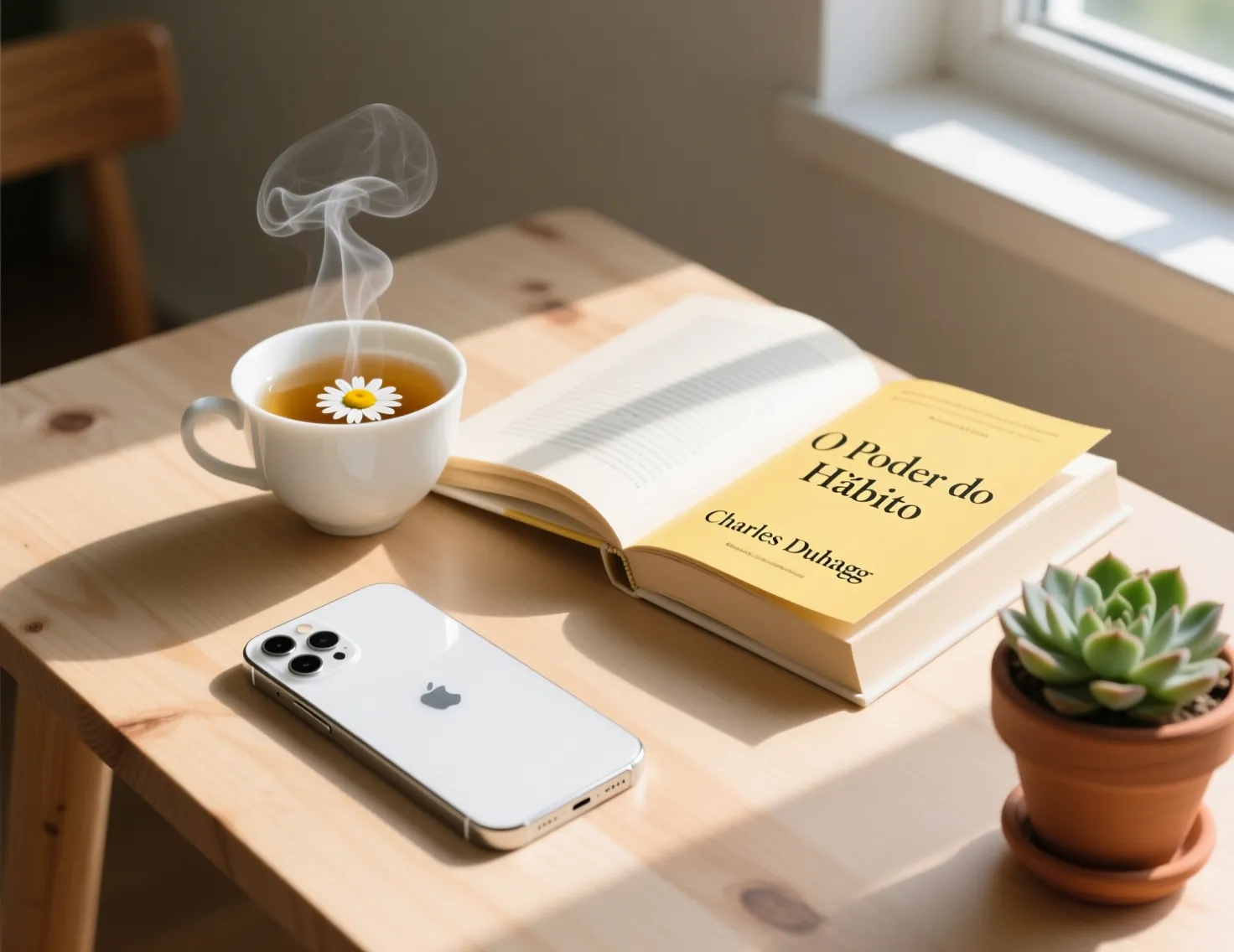 Smartphone desligado ao lado de xícara de chá e livro representando equilíbrio e uso responsável