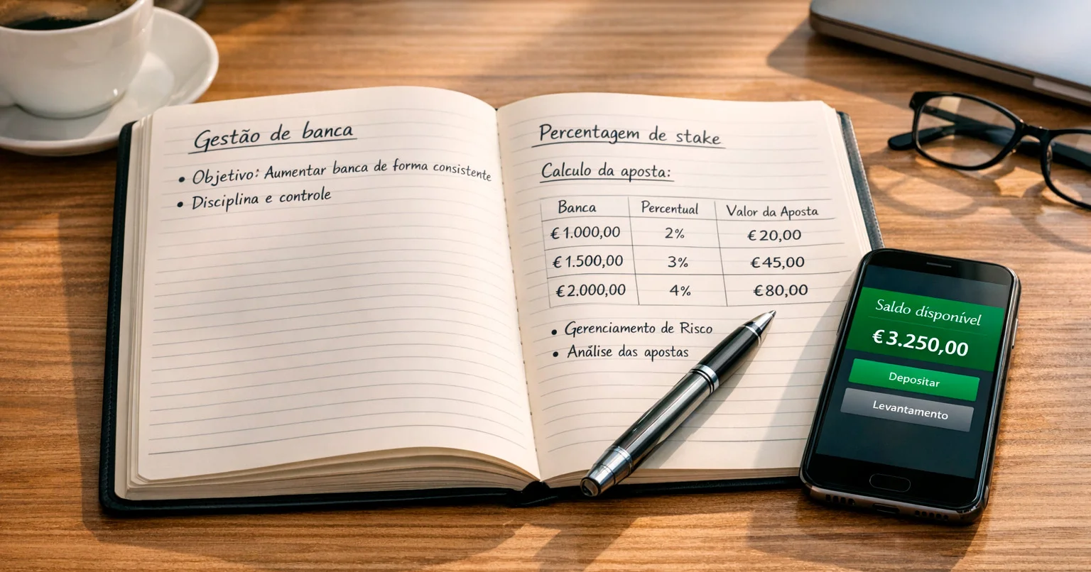 Planejamento financeiro para apostas com anotações e smartphone exibindo aplicativo