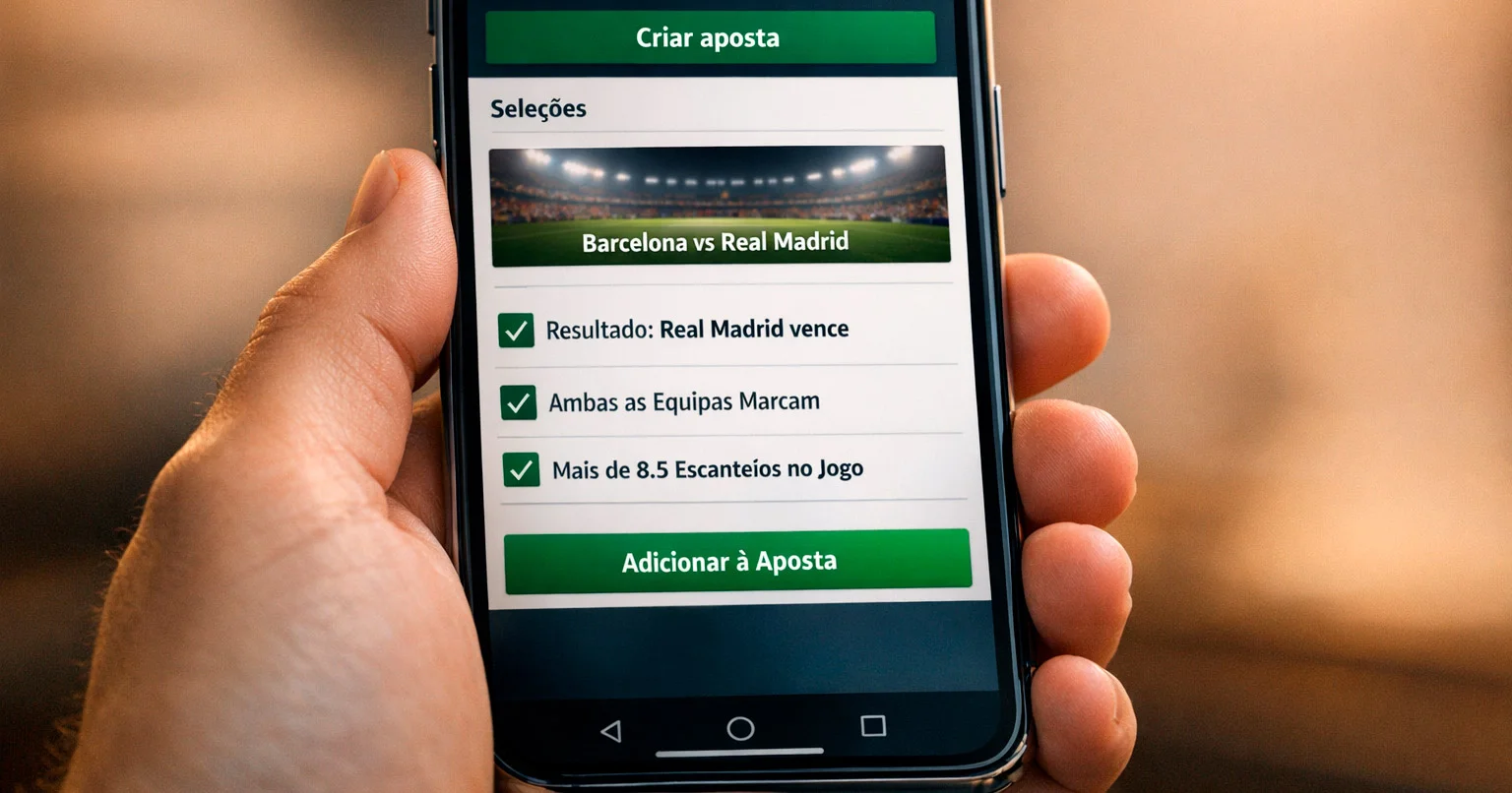 Interface de Bet Builder em smartphone mostrando seleção de múltiplos mercados para uma partida
