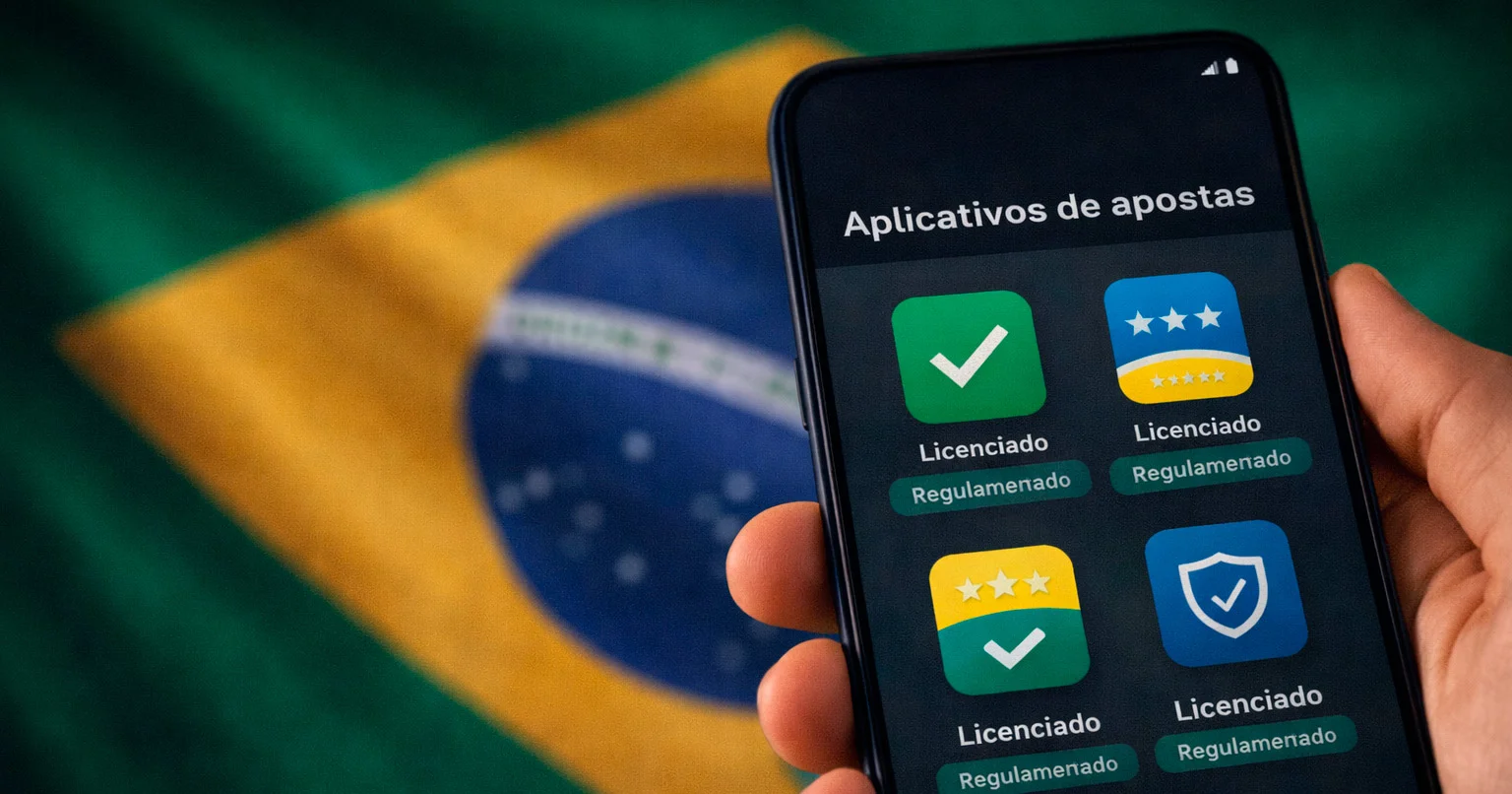 Bandeira do Brasil ao fundo com smartphone exibindo apps de apostas licenciados
