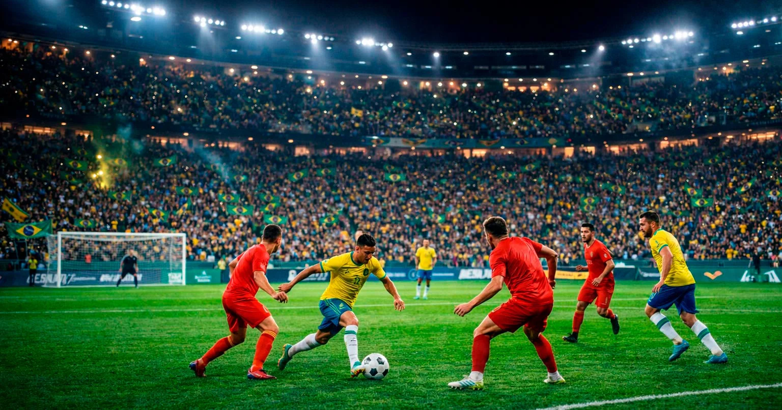 Estádio de futebol brasileiro lotado com torcida vibrante durante partida noturna