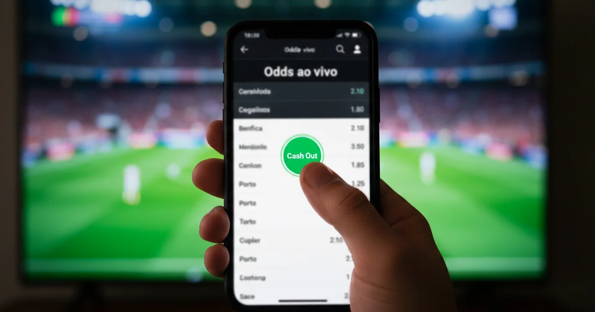 Mão tocando botão de cash out em tela de smartphone durante partida ao vivo