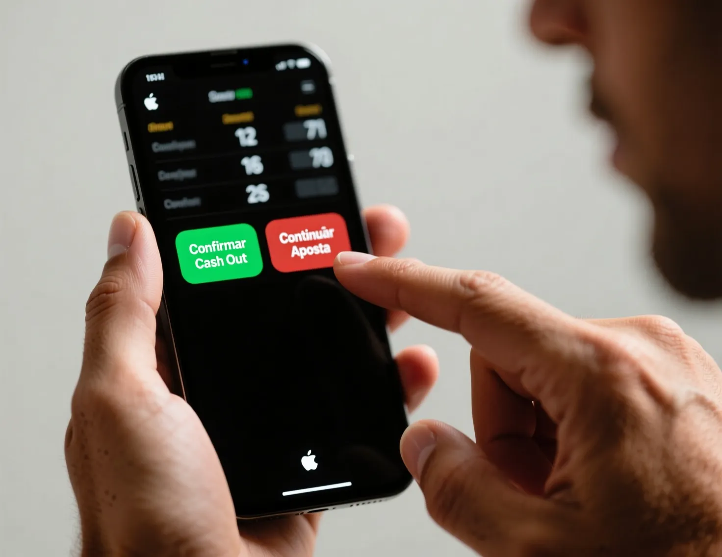 Mãos segurando smartphone no momento de decisão sobre cash out em aposta esportiva