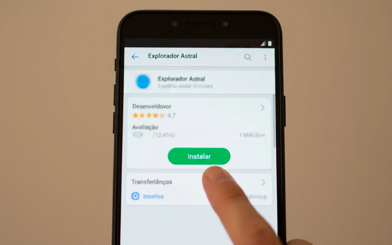 Tela do smartphone mostrando verificação de desenvolvedor e avaliações na Play Store