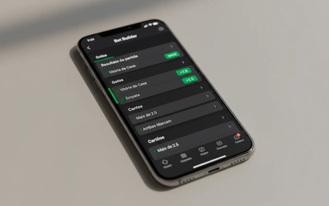 Tela de aplicativo mostrando mercados disponíveis para combinação no Bet Builder