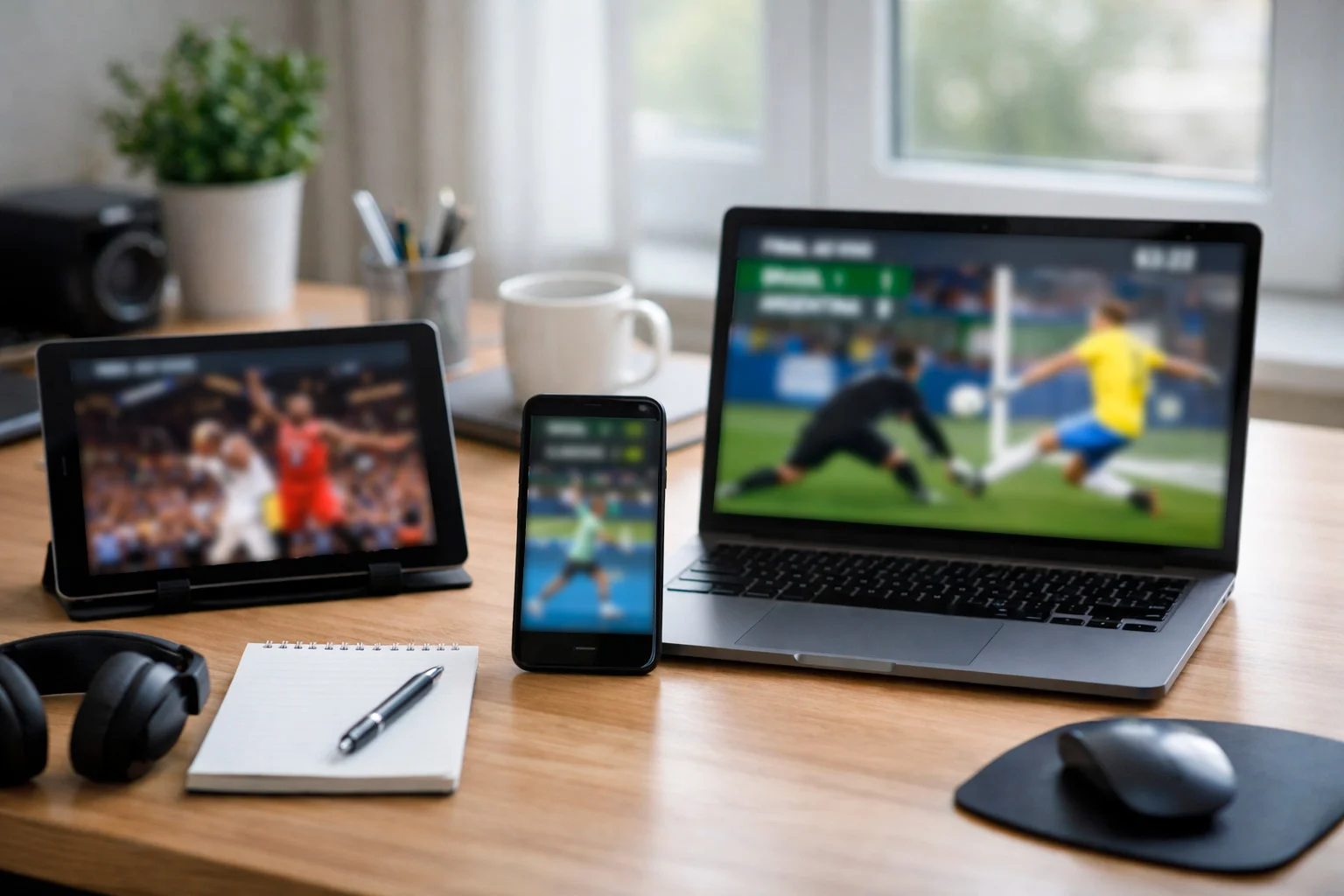 Múltiplas telas exibindo diferentes esportes em transmissão simultânea