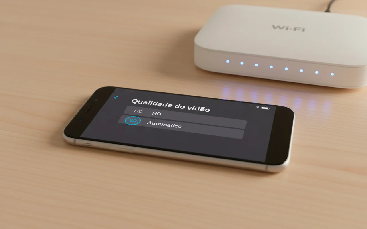 Smartphone conectado ao Wi-Fi exibindo configurações de qualidade de streaming
