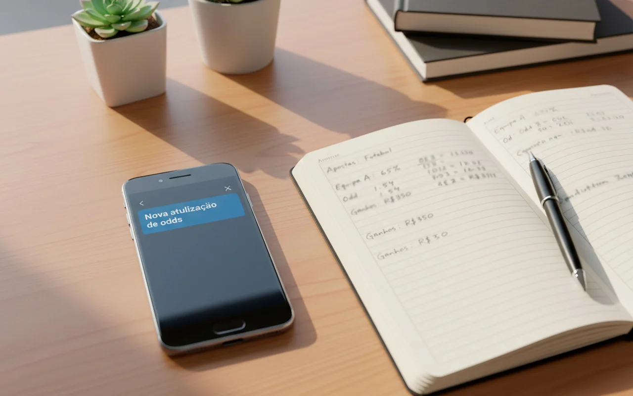 Pessoa analisando apostas com caderno de anotações ao lado do smartphone