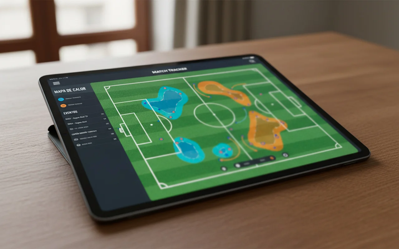 Tela de match tracker mostrando visualização do campo com eventos da partida