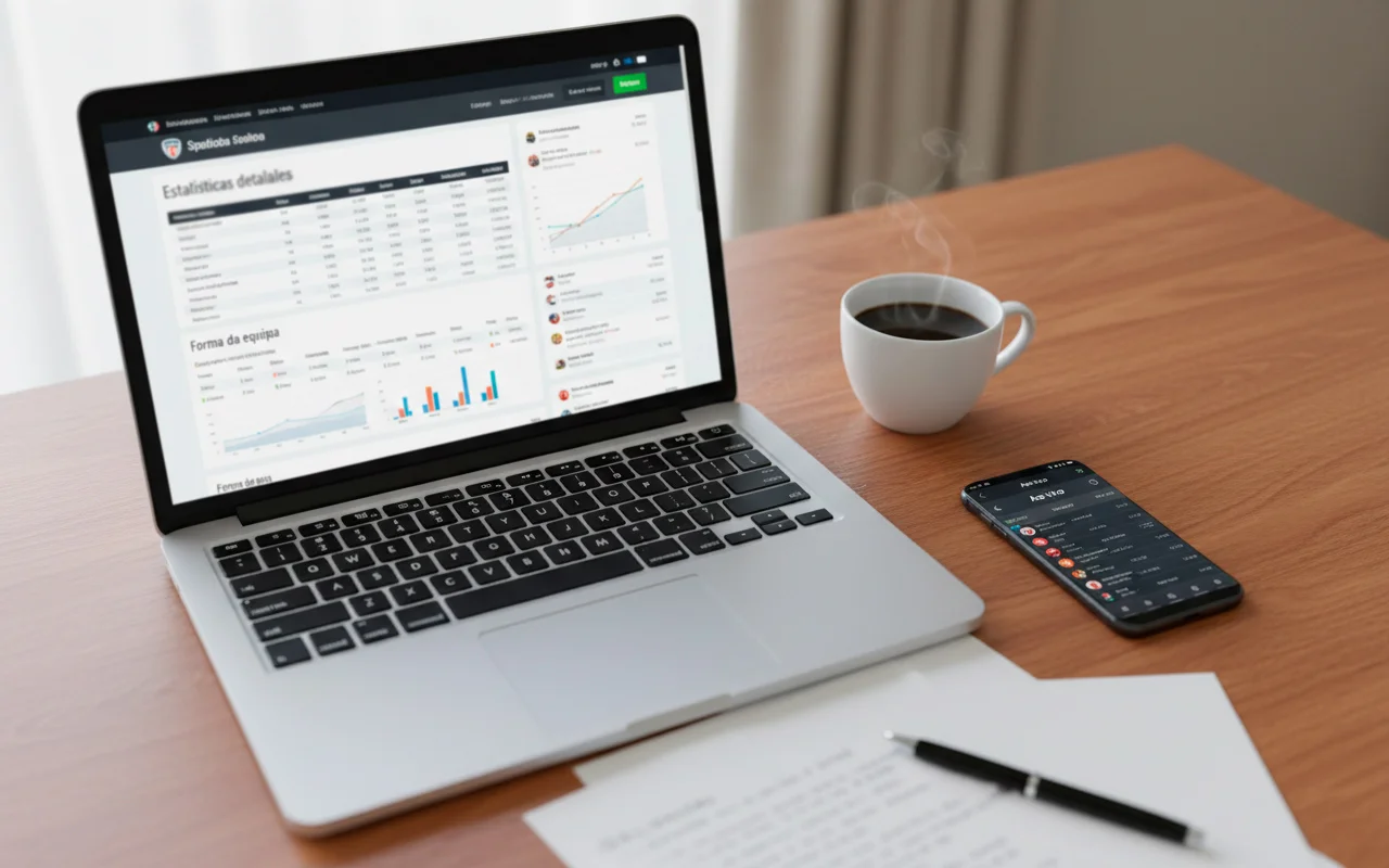 Laptop e smartphone exibindo diferentes plataformas de estatísticas esportivas