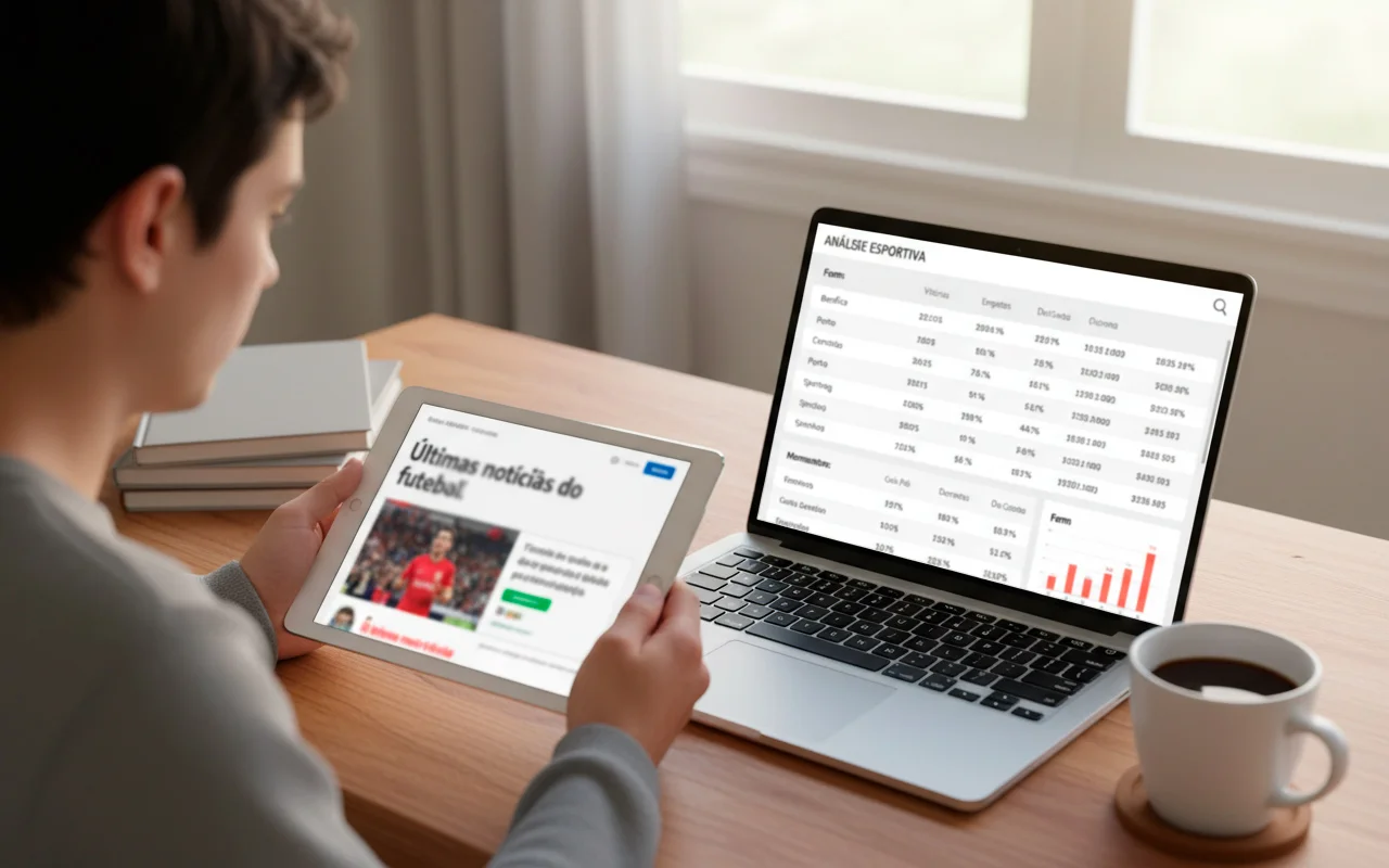 Pessoa lendo notícias esportivas no tablet enquanto analisa dados de apostas