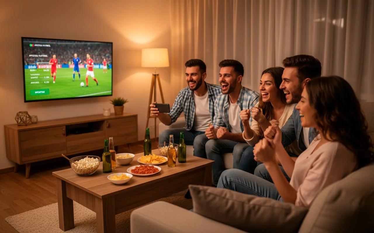 Grupo de amigos assistindo jogo e acompanhando apostas no smartphone de forma recreativa
