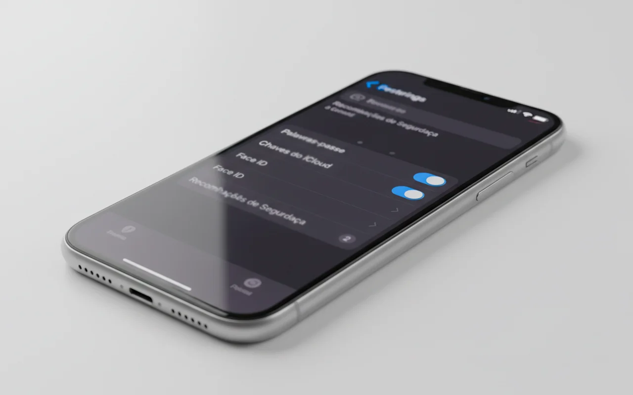 Configurações do iPhone mostrando iCloud Keychain e Face ID ativados