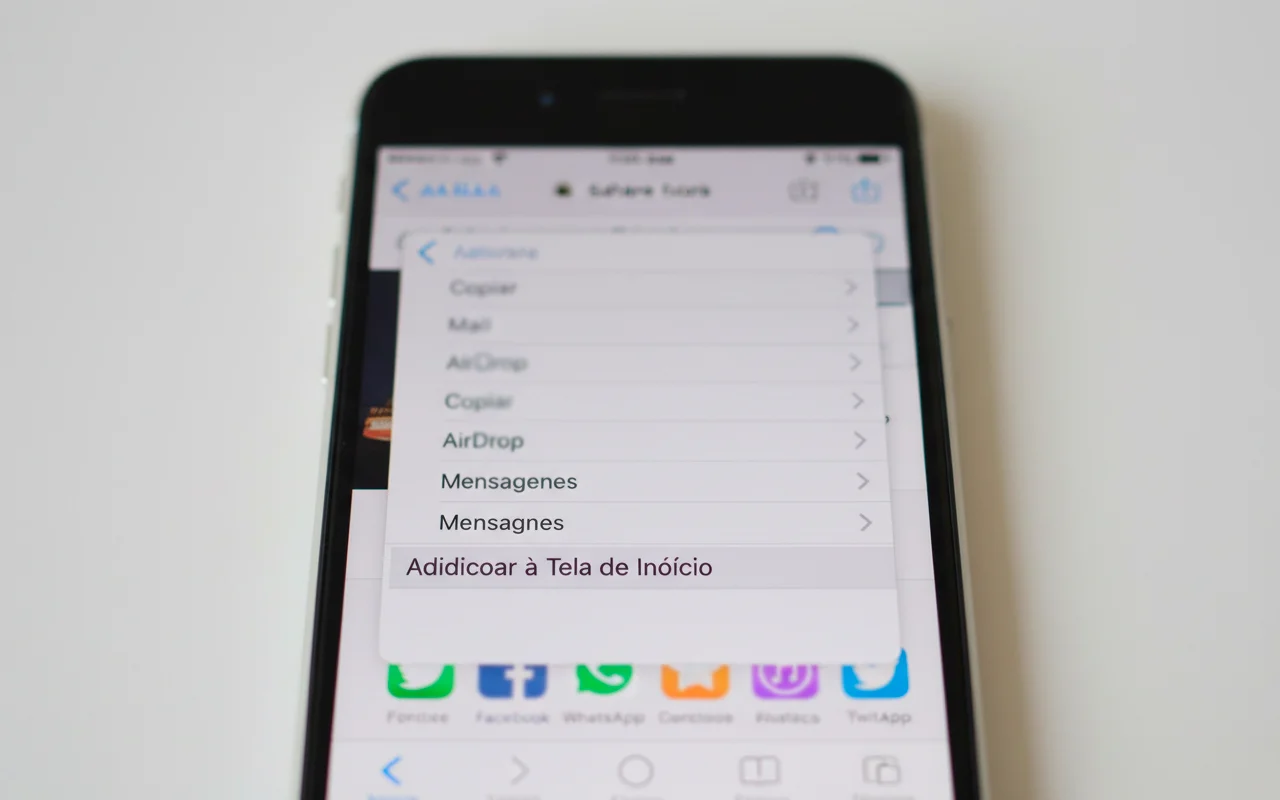 Tela do iPhone mostrando menu de compartilhamento do Safari com opção Adicionar à Tela de Início