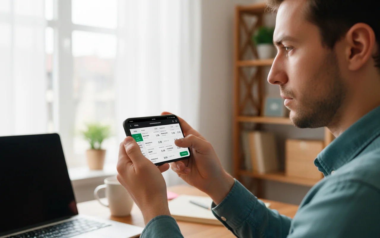 Pessoa analisando odds em smartphone comparando diferentes casas de apostas