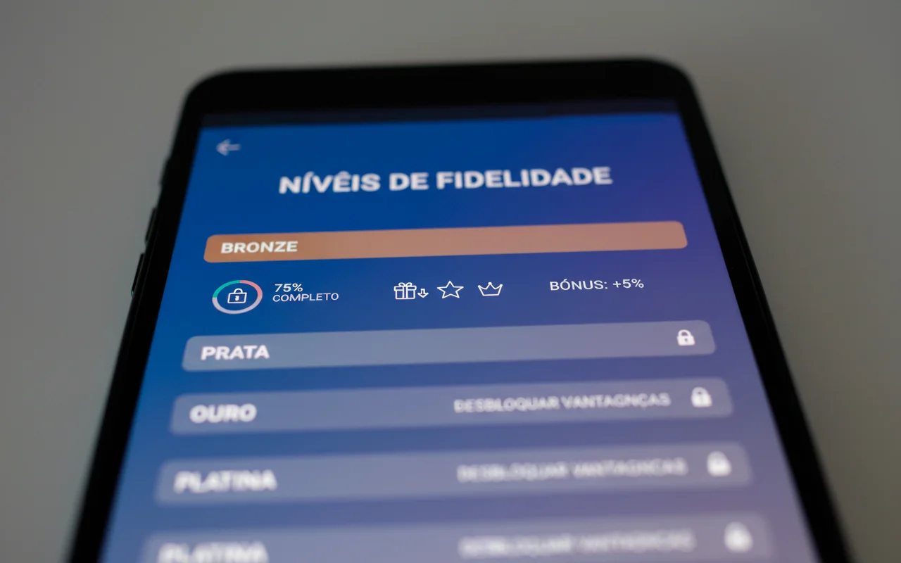 Interface mostrando níveis de programa de fidelidade com benefícios progressivos