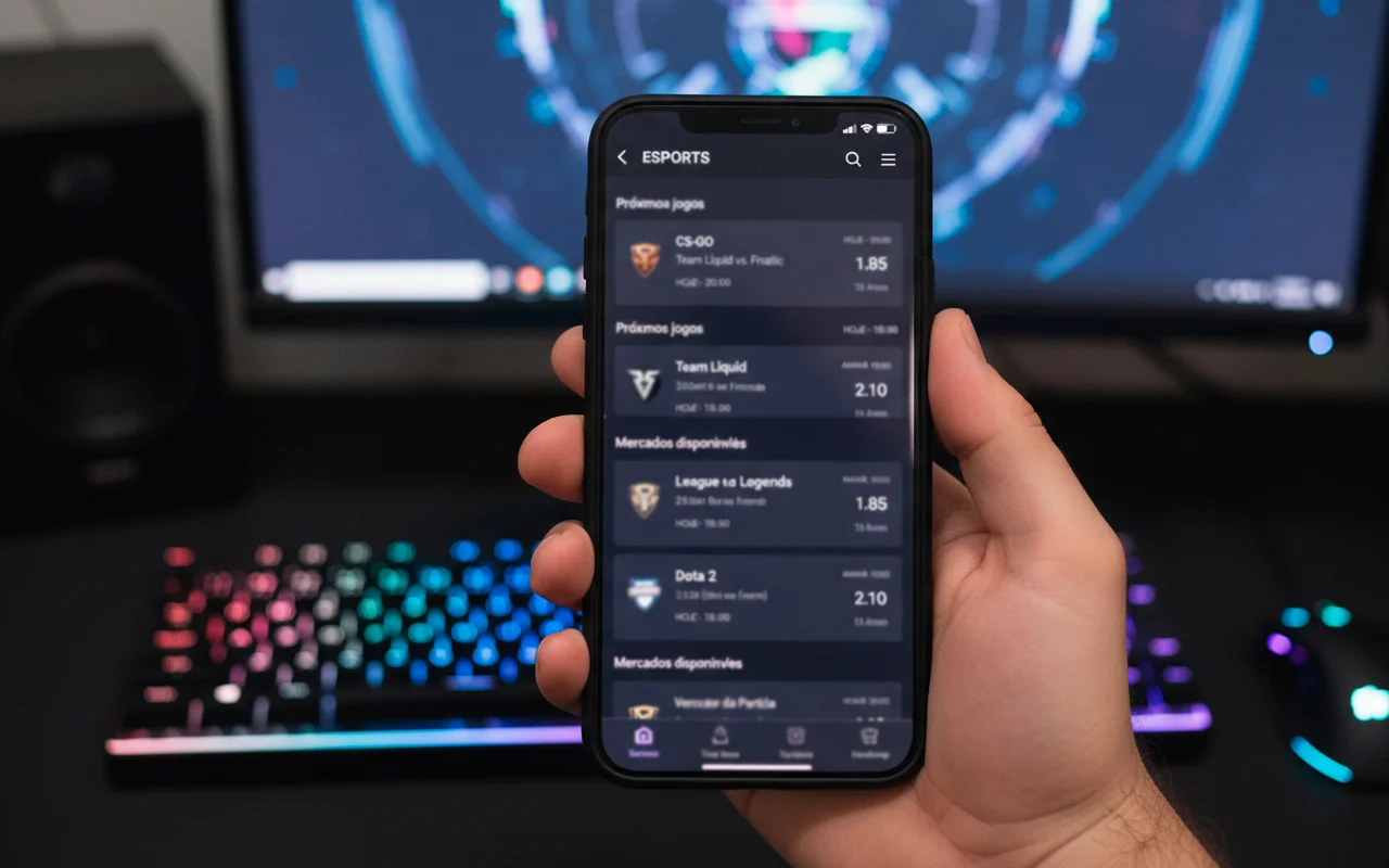 Aplicativo de apostas exibindo mercados de eSports para CS2 e League of Legends