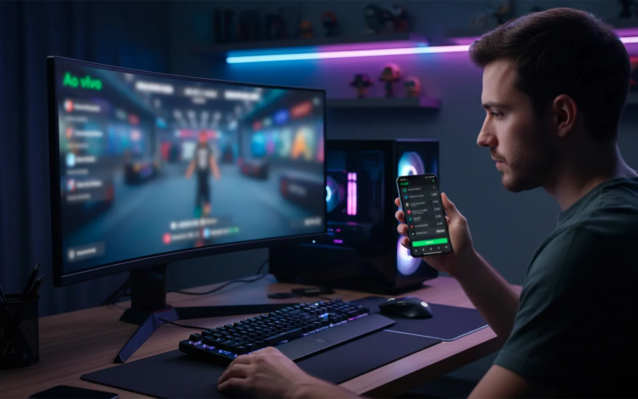 Pessoa assistindo torneio de eSports no monitor enquanto faz apostas ao vivo no smartphone