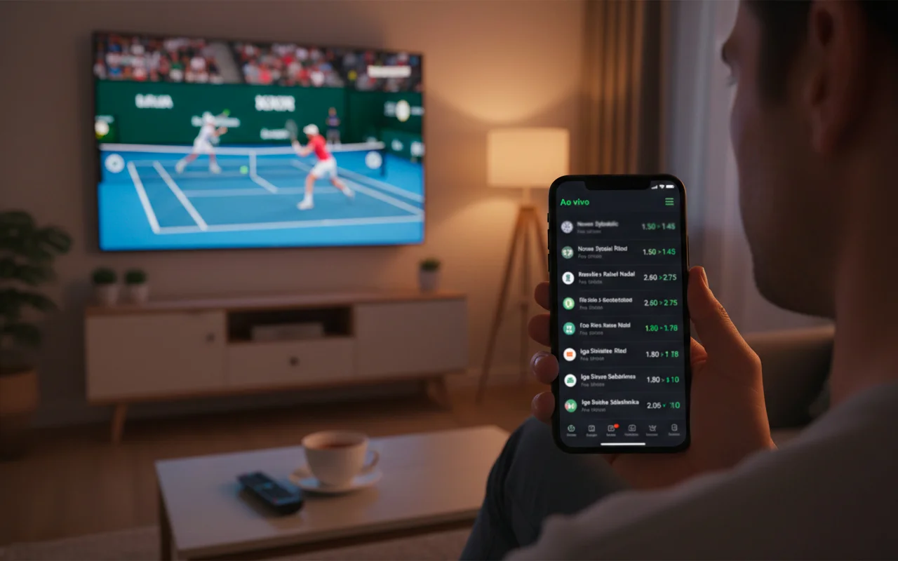 Pessoa assistindo partida de tênis enquanto faz apostas ao vivo no smartphone