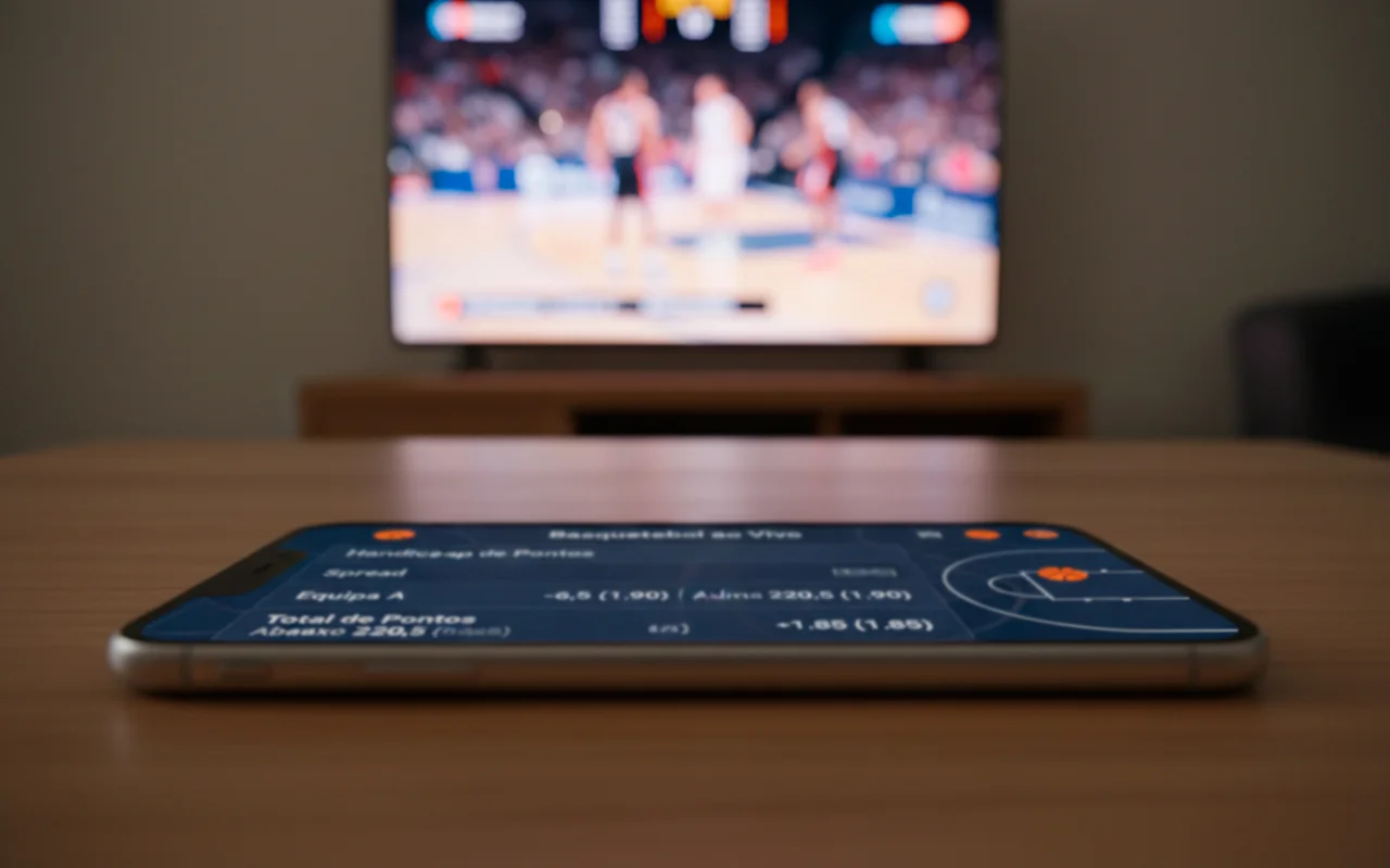 Tela de aplicativo mostrando apostas de spread e handicap em basquete