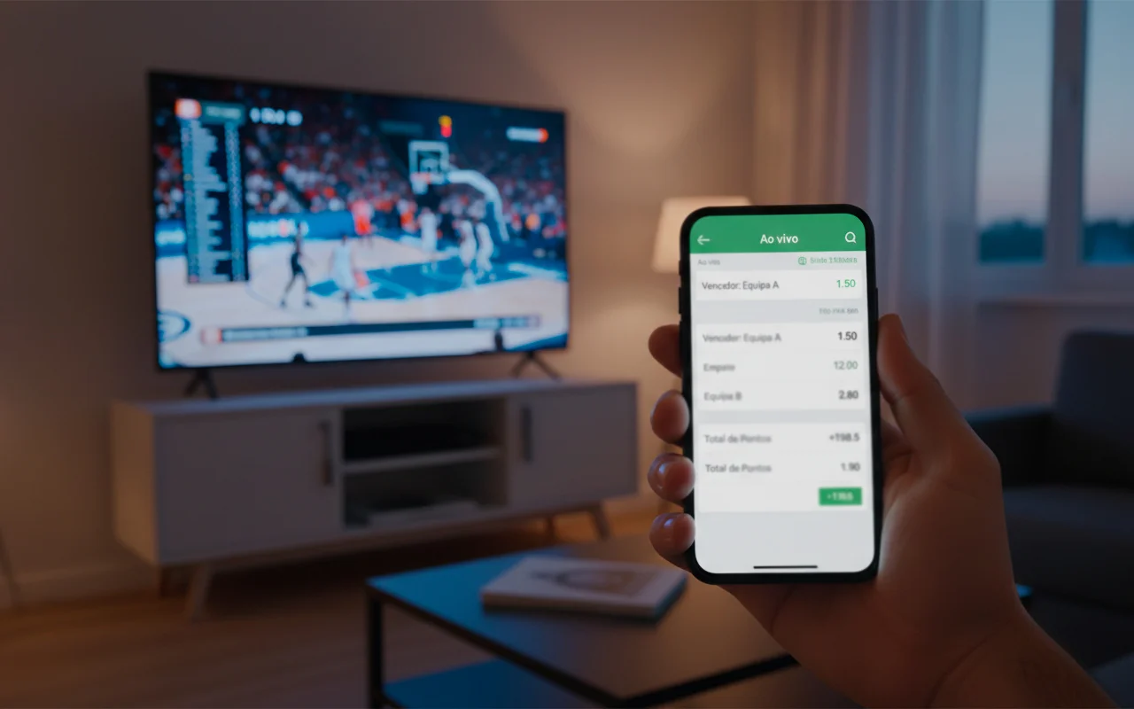 Pessoa assistindo jogo de basquete da NBA na TV enquanto confere apostas no celular
