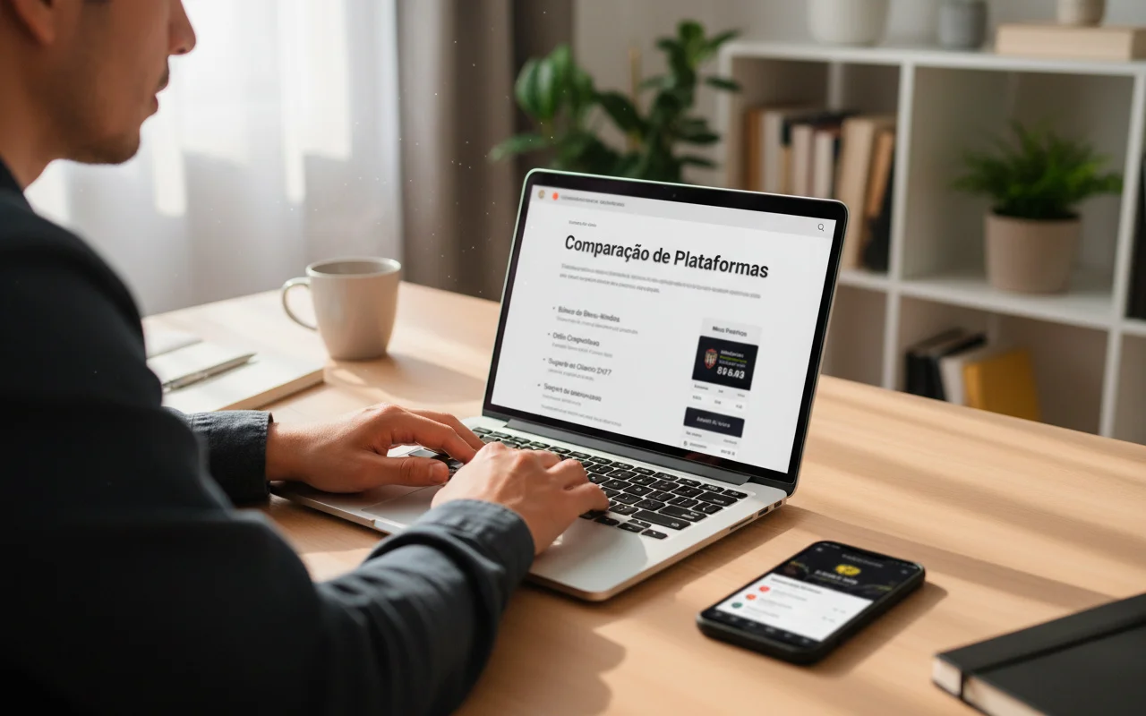 Pessoa pesquisando e avaliando diferentes casas de apostas no computador