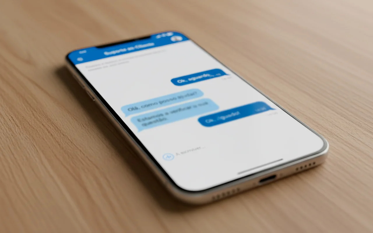 Interface de chat de suporte ao cliente em aplicativo de apostas com atendente respondendo