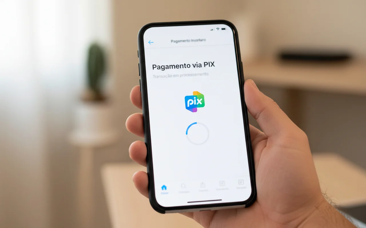 Smartphone mostrando transação PIX para depósito em plataforma de apostas