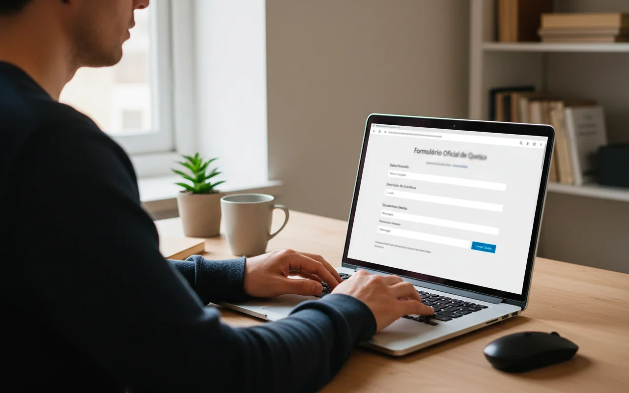 Pessoa usando computador para registrar reclamação em portal oficial de proteção de dados