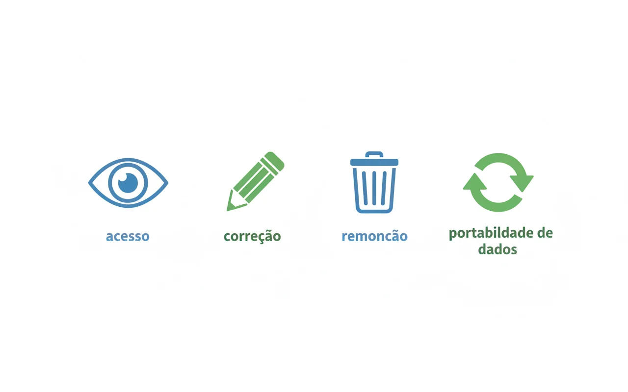 Ilustração dos direitos do usuário segundo a LGPD com ícones representando acesso, correção e exclusão
