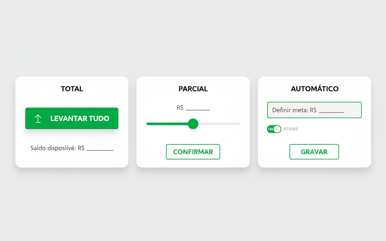 Ilustração comparando cash out total, parcial e automático em interface de apostas
