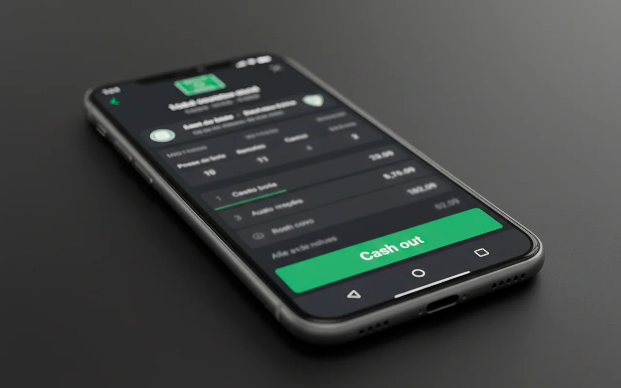 Tela de aplicativo mostrando estatísticas ao vivo de partida com opção de cash out