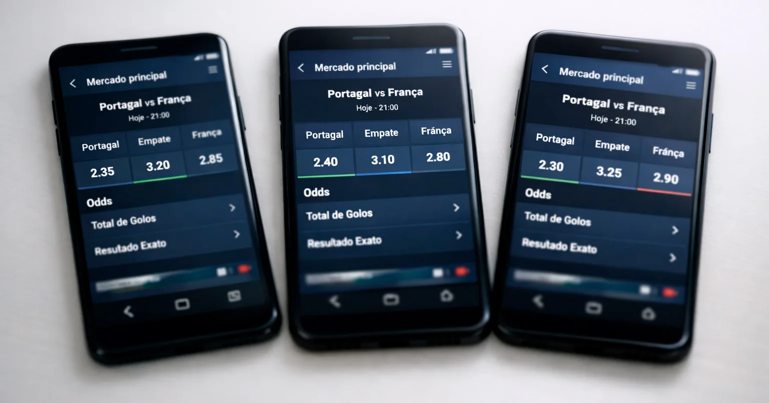 Múltiplos smartphones lado a lado exibindo diferentes odds para o mesmo evento esportivo