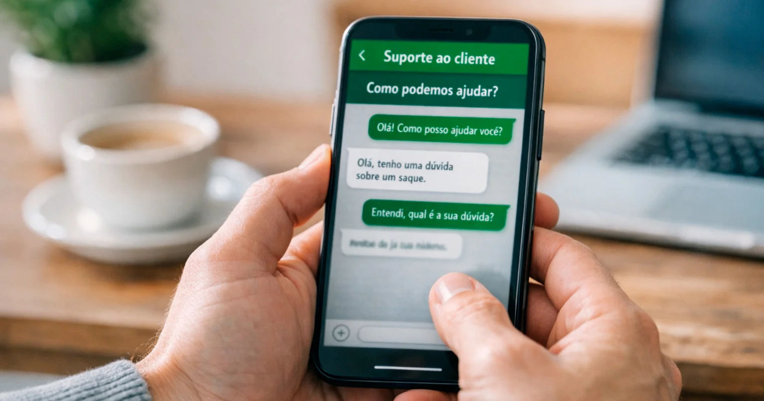 Pessoa utilizando chat de suporte ao cliente em aplicativo de apostas