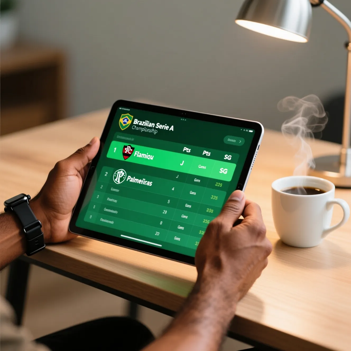 Mãos segurando tablet com tabela de liga esportiva representando especialização em apostas