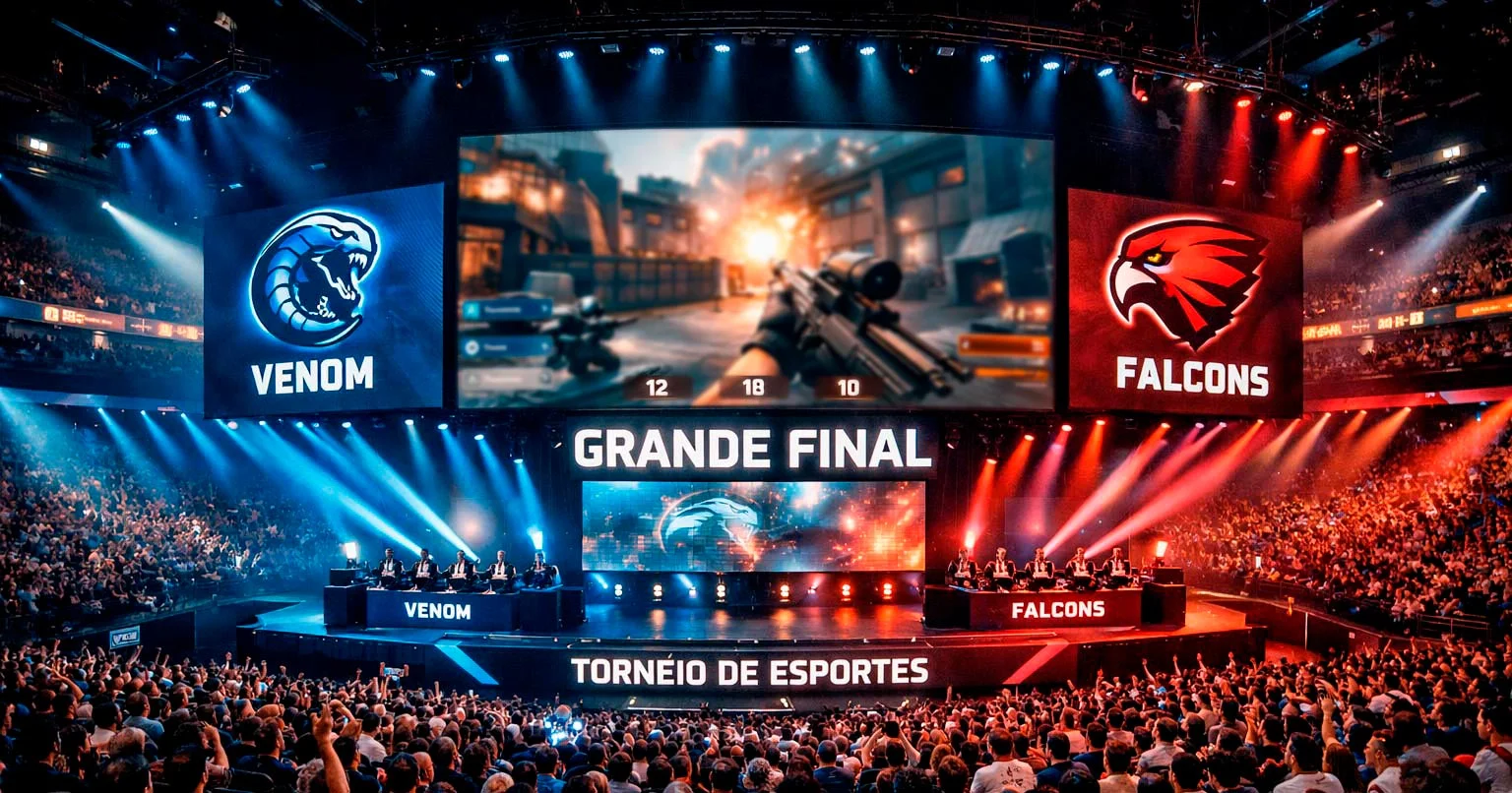 Arena de eSports com telas exibindo competição profissional de jogos eletrônicos