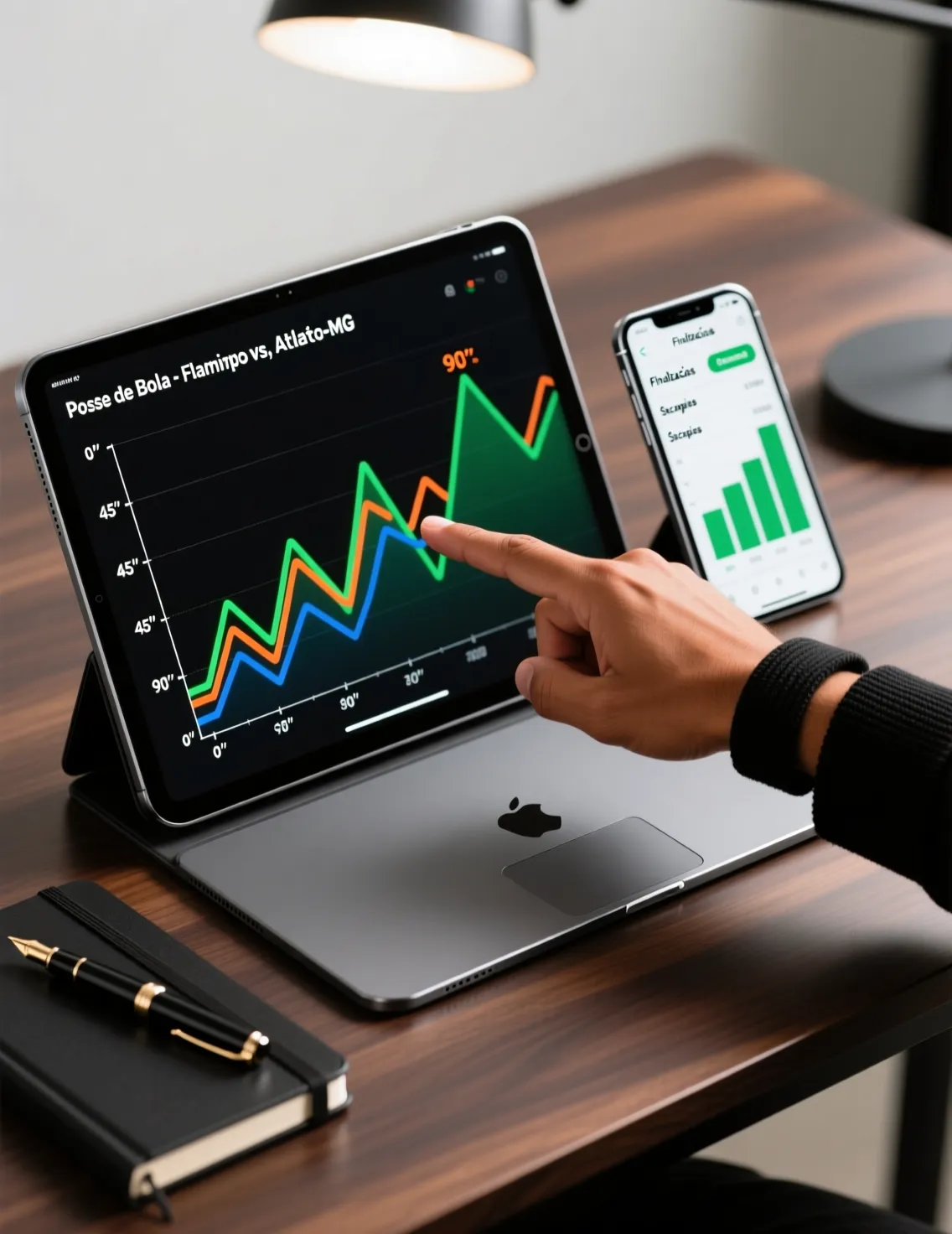 Tablet e smartphone exibindo gráficos e estatísticas esportivas em tempo real