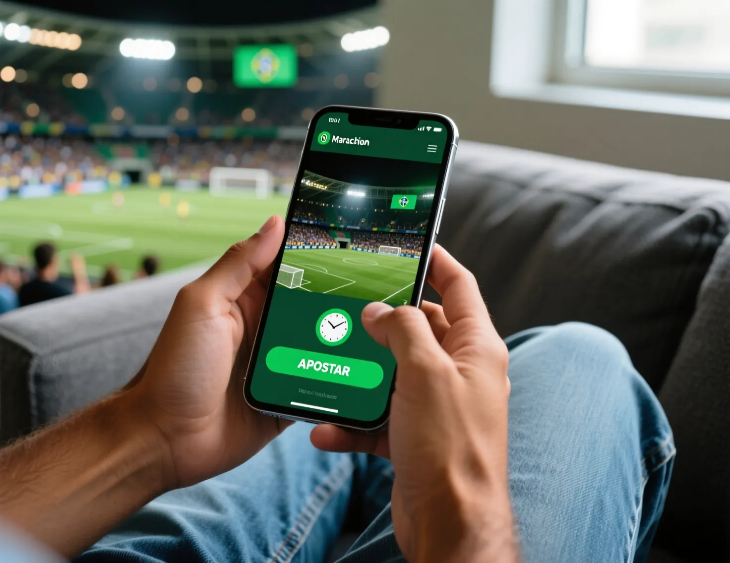 Mãos segurando smartphone com aplicativo de apostas esportivas aberto