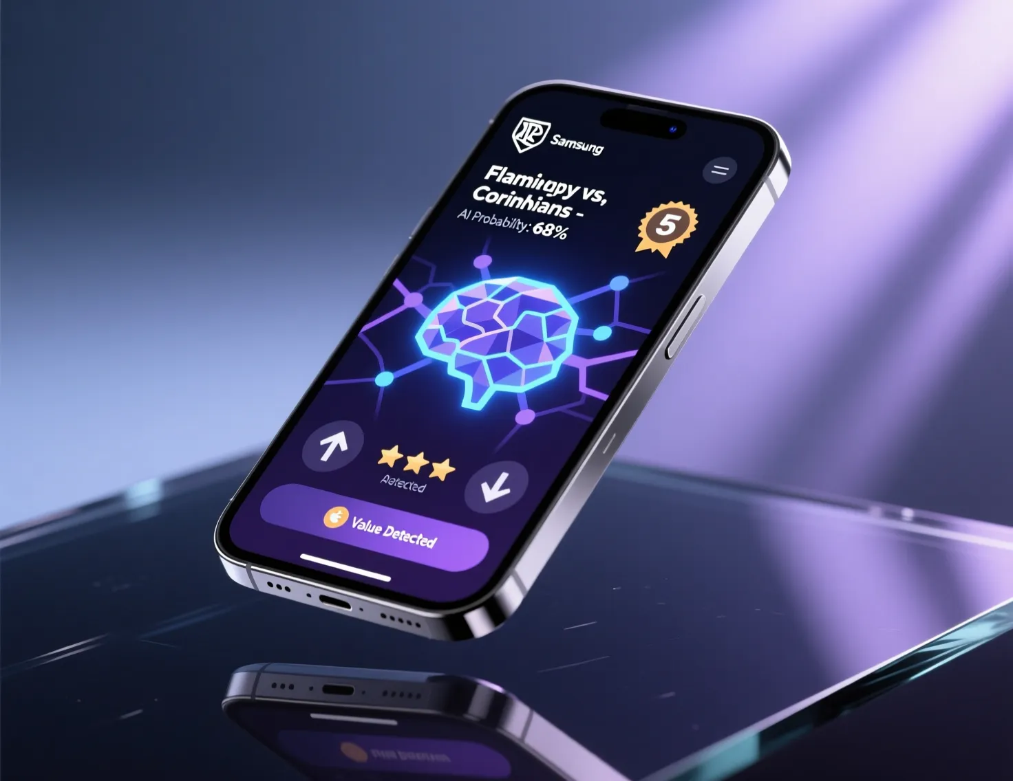 Smartphone futurista com interface de apostas esportivas com inteligência artificial