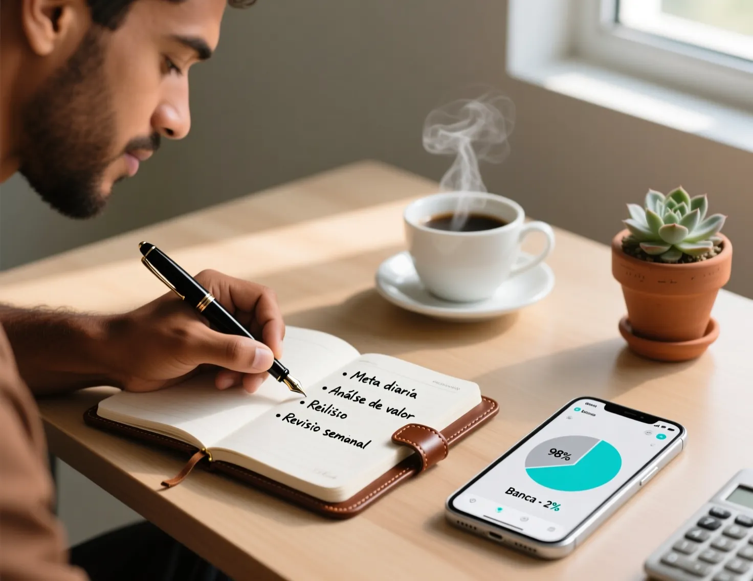 Espaço de trabalho organizado para gestão de banca em apostas esportivas com caderno e smartphone