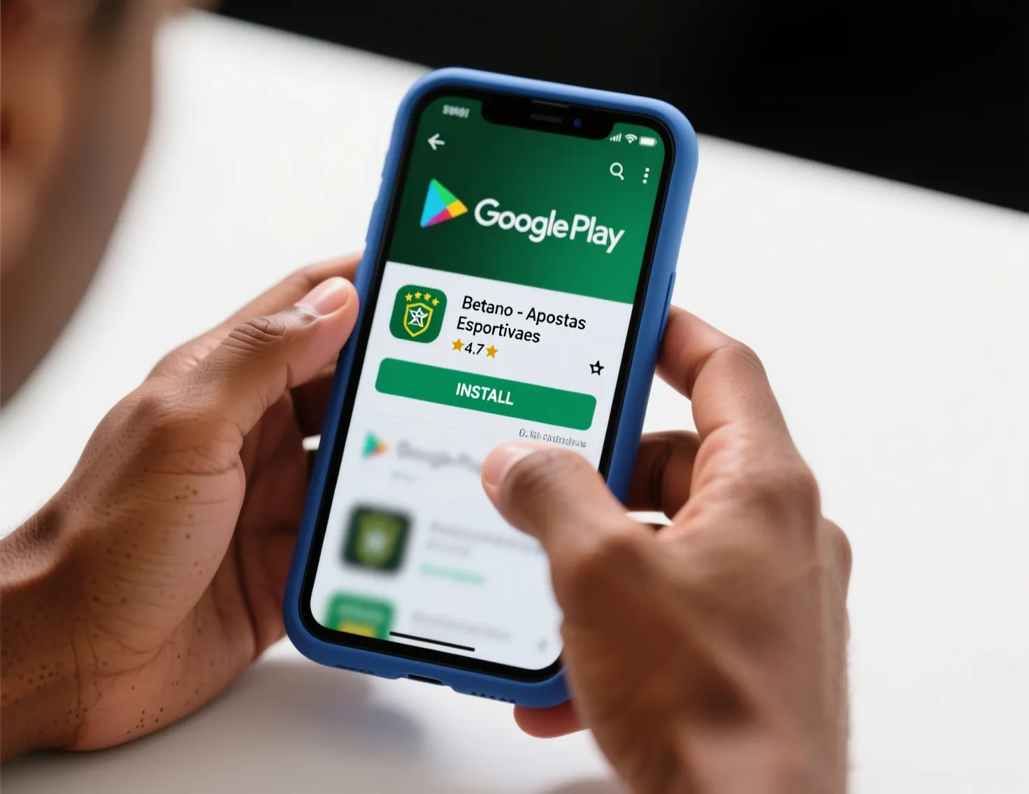 Mãos segurando smartphone Android baixando aplicativo de apostas na Play Store