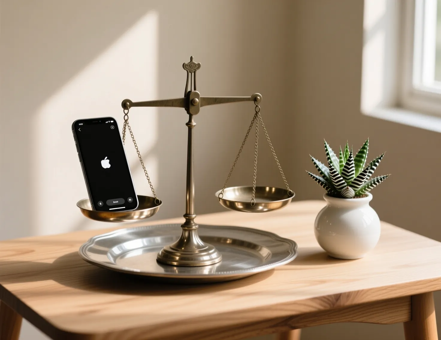 Balança equilibrada com smartphone e planta representando equilíbrio no jogo responsável