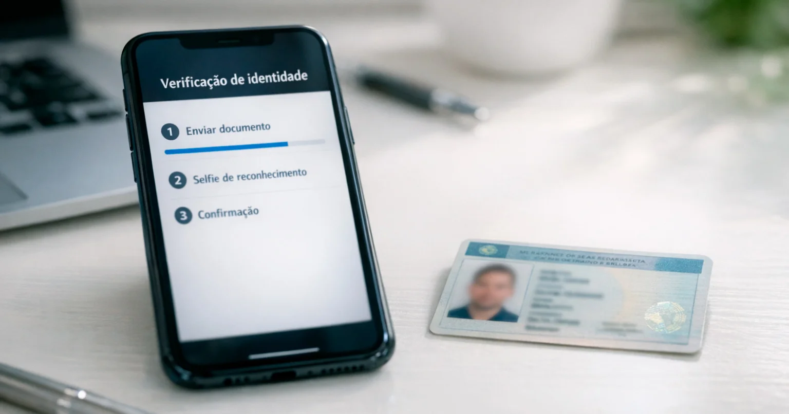 Processo de verificação de identidade em aplicativo de apostas com documento e smartphone