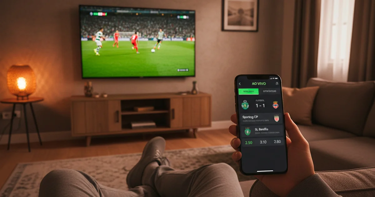 Pessoa assistindo partida de futebol na TV enquanto faz apostas ao vivo no smartphone