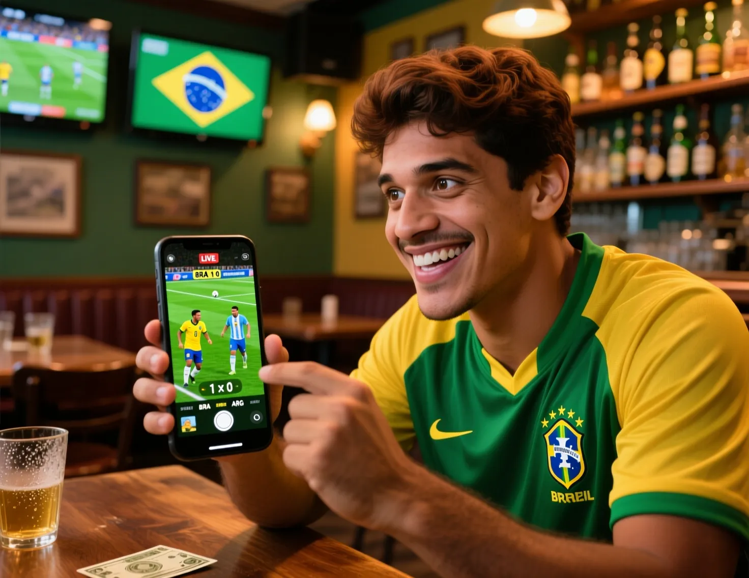 Homem assistindo transmissão ao vivo de futebol no aplicativo de apostas esportivas